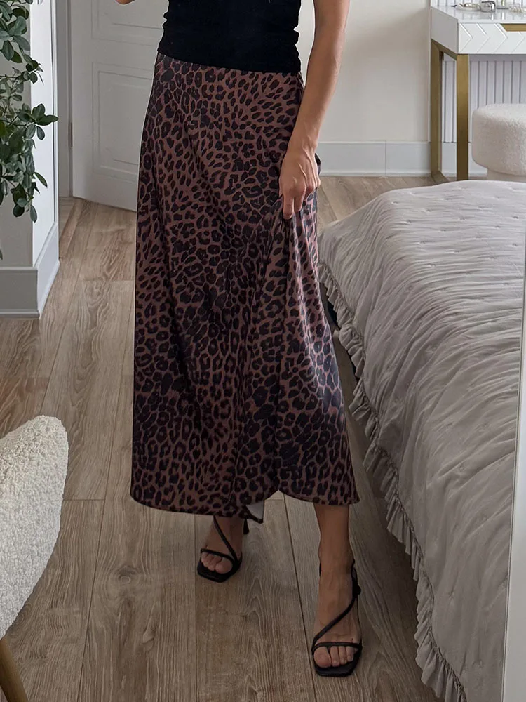 Long Leopard Skirt Women 2026 Luxury Satin Skirts Ladies Office Party A Line High Waist Brown Skirt For Women Maxi Spring Summer