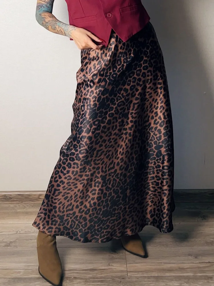 Long Leopard Skirt Women 2026 Luxury Satin Skirts Ladies Office Party A Line High Waist Brown Skirt For Women Maxi Spring Summer