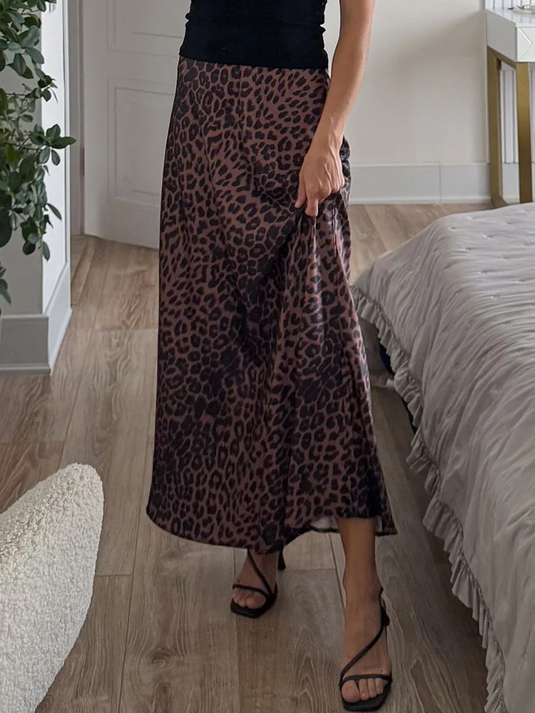 Long Leopard Skirt Women 2026 Luxury Satin Skirts Ladies Office Party A Line High Waist Brown Skirt For Women Maxi Spring Summer