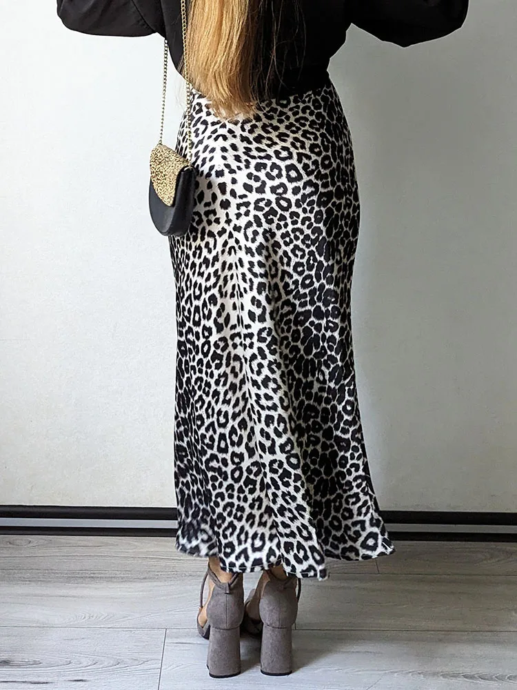 Long Leopard Skirt Women 2026 Luxury Satin Skirts Ladies Office Party A Line High Waist Brown Skirt For Women Maxi Spring Summer