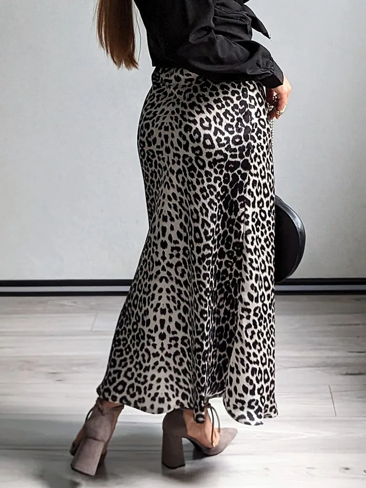 Long Leopard Skirt Women 2026 Luxury Satin Skirts Ladies Office Party A Line High Waist Brown Skirt For Women Maxi Spring Summer