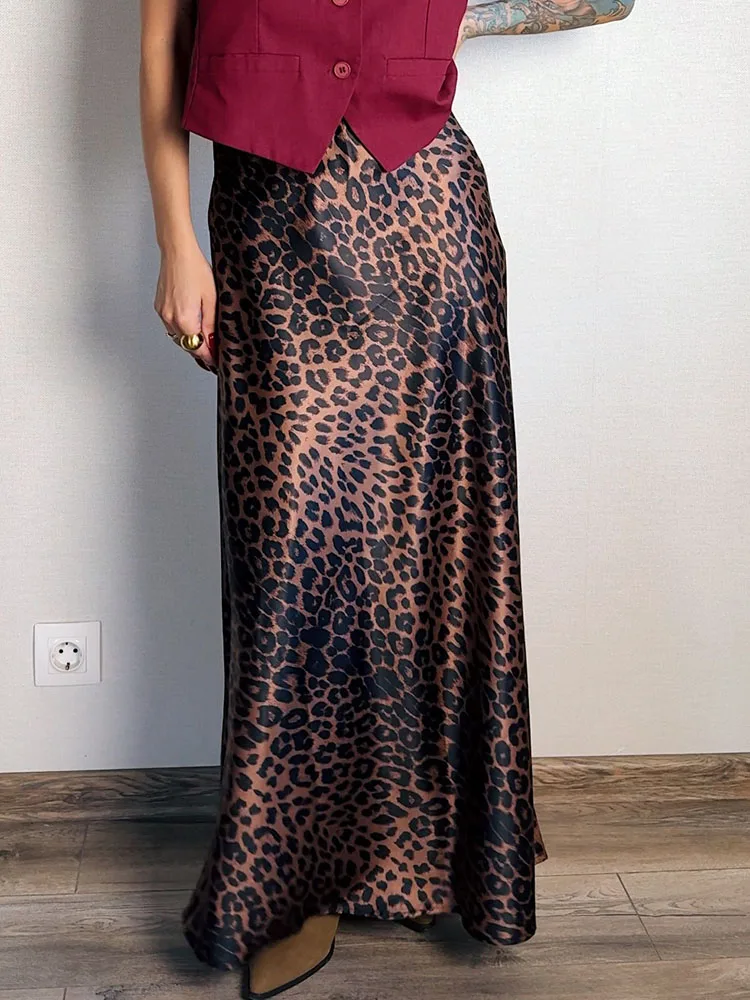 Long Leopard Skirt Women 2026 Luxury Satin Skirts Ladies Office Party A Line High Waist Brown Skirt For Women Maxi Spring Summer