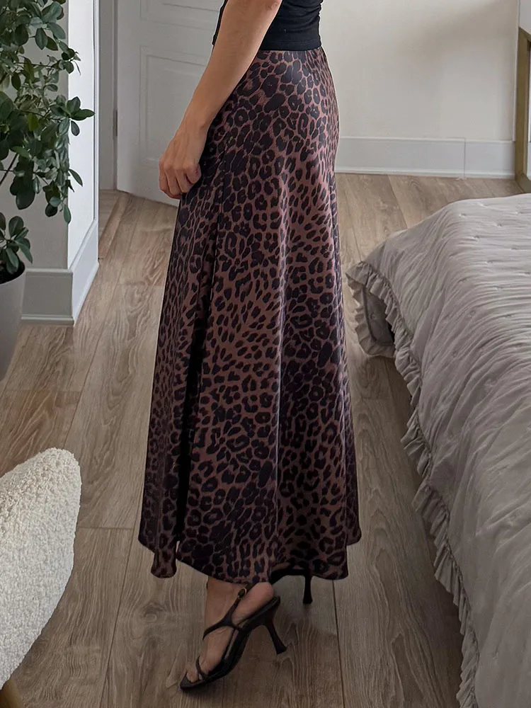 Long Leopard Skirt Women 2026 Luxury Satin Skirts Ladies Office Party A Line High Waist Brown Skirt For Women Maxi Spring Summer