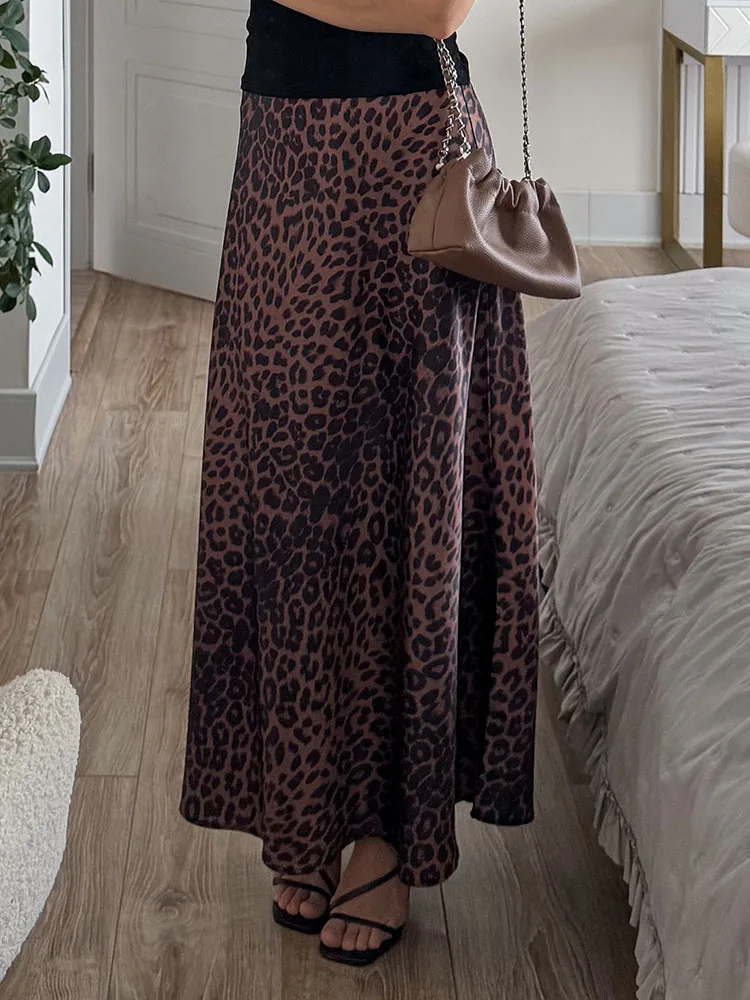 Long Leopard Skirt Women 2026 Luxury Satin Skirts Ladies Office Party A Line High Waist Brown Skirt For Women Maxi Spring Summer