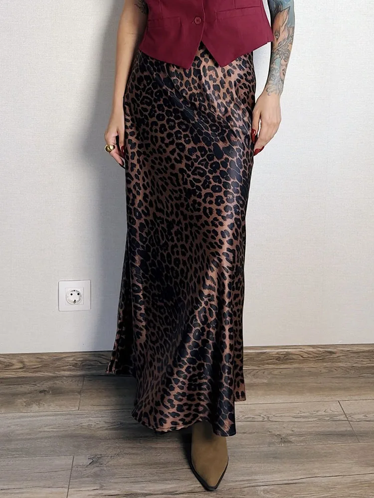 Long Leopard Skirt Women 2026 Luxury Satin Skirts Ladies Office Party A Line High Waist Brown Skirt For Women Maxi Spring Summer