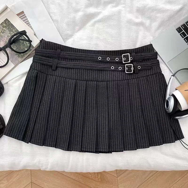 Preppy Striped Mini Skirt Women Korean Vintage Belt Sweet Student Pleats Skirts High Waist Kawaii Harajuku Simple Casual Skirt