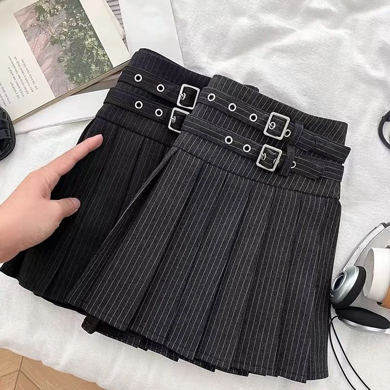 Preppy Striped Mini Skirt Women Korean Vintage Belt Sweet Student Pleats Skirts High Waist Kawaii Harajuku Simple Casual Skirt