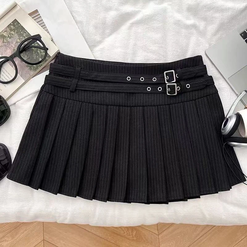 Preppy Striped Mini Skirt Women Korean Vintage Belt Sweet Student Pleats Skirts High Waist Kawaii Harajuku Simple Casual Skirt