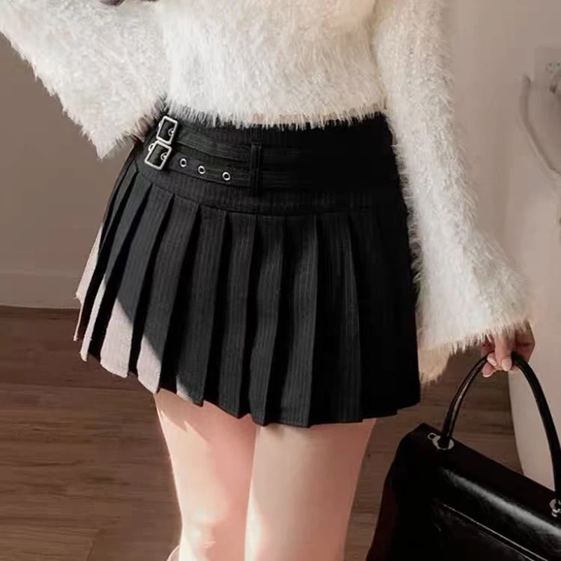 Preppy Striped Mini Skirt Women Korean Vintage Belt Sweet Student Pleats Skirts High Waist Kawaii Harajuku Simple Casual Skirt