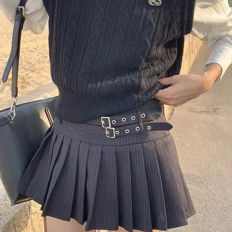 Preppy Striped Mini Skirt Women Korean Vintage Belt Sweet Student Pleats Skirts High Waist Kawaii Harajuku Simple Casual Skirt