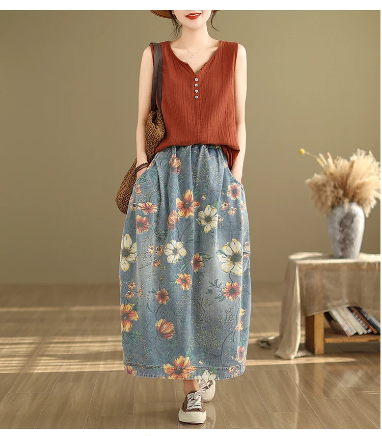 Vintage Flower Print Denim Skirt Women's Summer Fashion Elastic Waist Loose Casual Retro Patchwork Mid-long Dress with Pockets