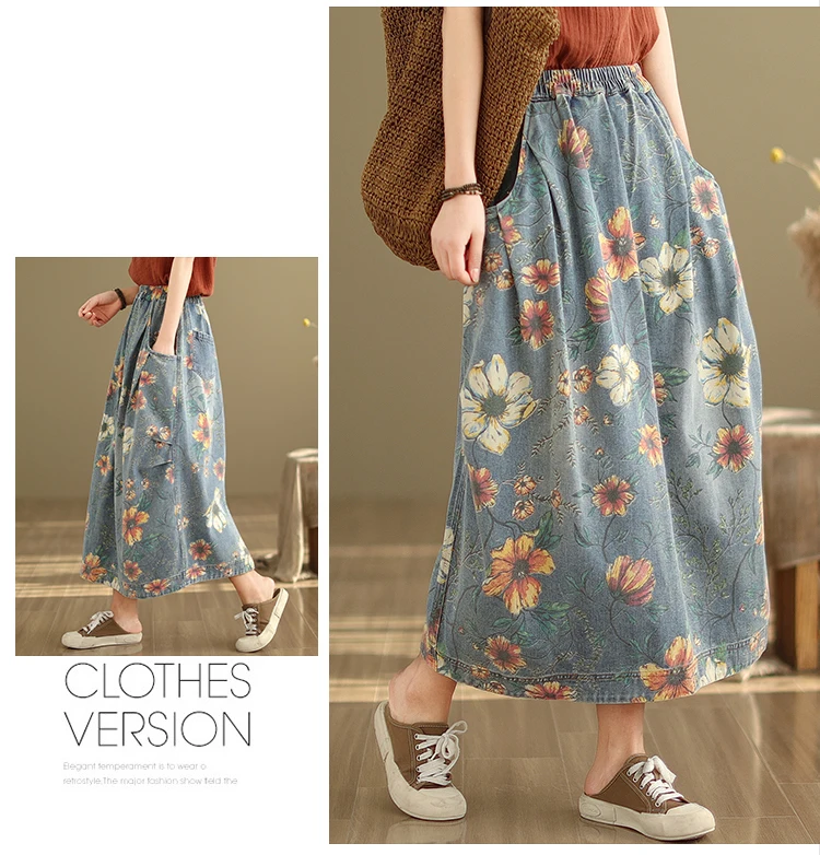 Vintage Flower Print Denim Skirt Women's Summer Fashion Elastic Waist Loose Casual Retro Patchwork Mid-long Dress with Pockets