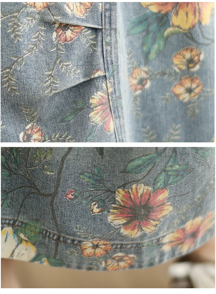 Vintage Flower Print Denim Skirt Women's Summer Fashion Elastic Waist Loose Casual Retro Patchwork Mid-long Dress with Pockets