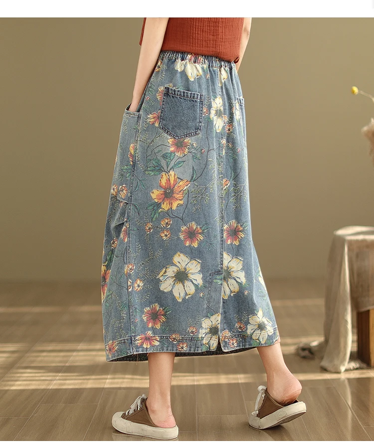 Vintage Flower Print Denim Skirt Women's Summer Fashion Elastic Waist Loose Casual Retro Patchwork Mid-long Dress with Pockets