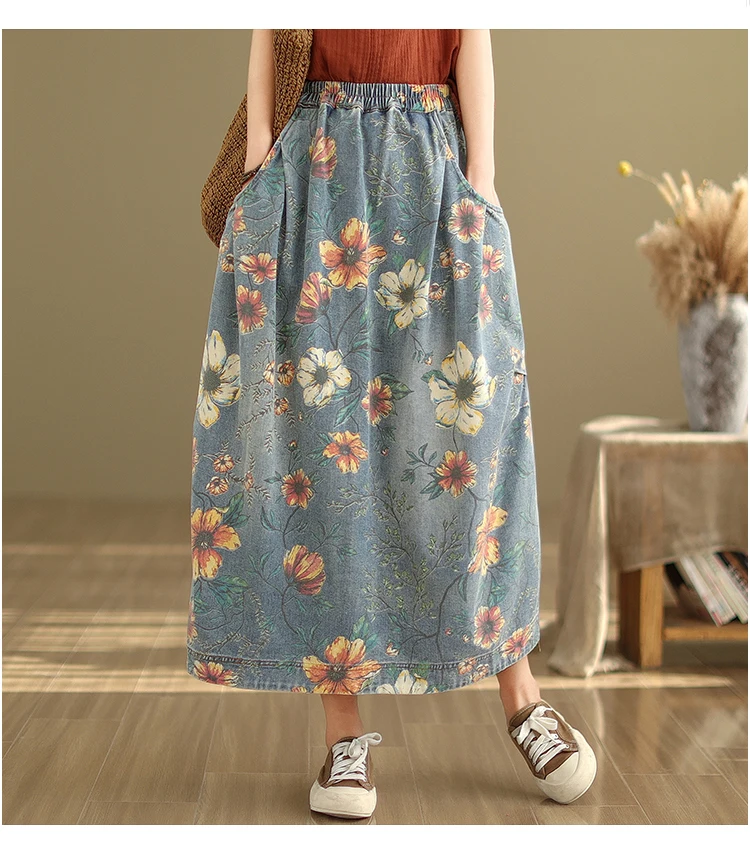 Vintage Flower Print Denim Skirt Women's Summer Fashion Elastic Waist Loose Casual Retro Patchwork Mid-long Dress with Pockets