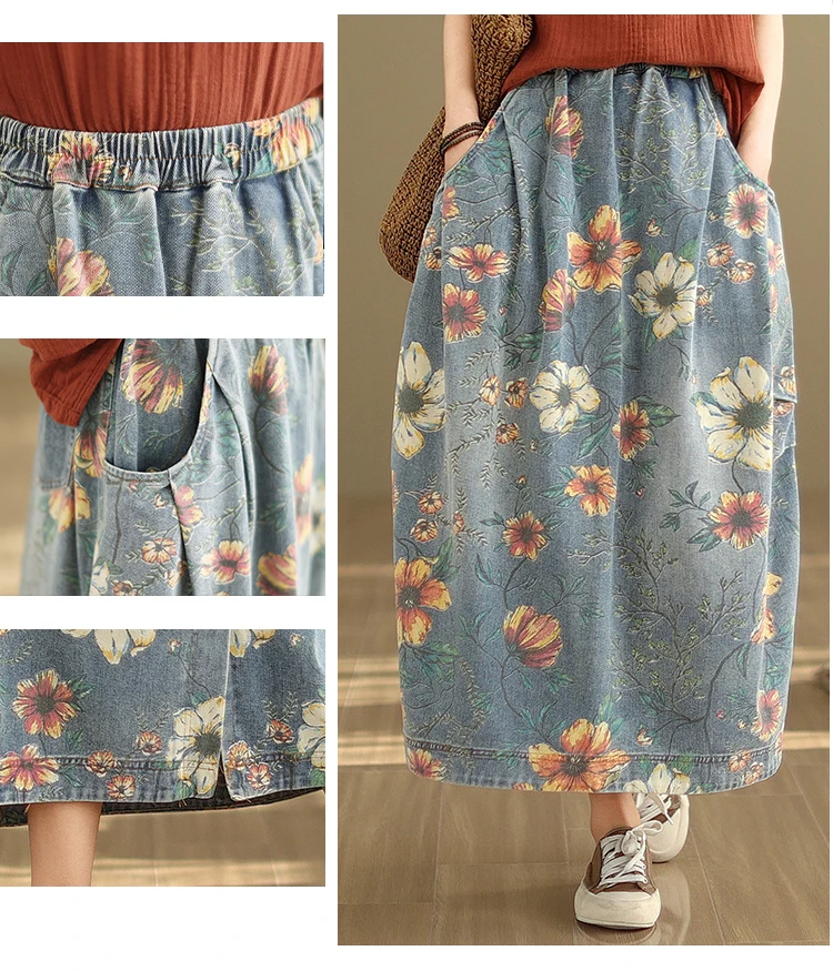 Vintage Flower Print Denim Skirt Women's Summer Fashion Elastic Waist Loose Casual Retro Patchwork Mid-long Dress with Pockets