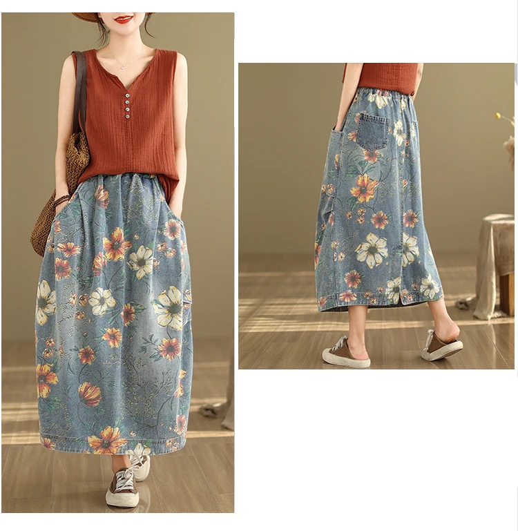 Vintage Flower Print Denim Skirt Women's Summer Fashion Elastic Waist Loose Casual Retro Patchwork Mid-long Dress with Pockets