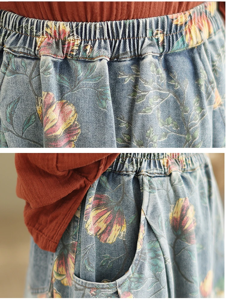 Vintage Flower Print Denim Skirt Women's Summer Fashion Elastic Waist Loose Casual Retro Patchwork Mid-long Dress with Pockets