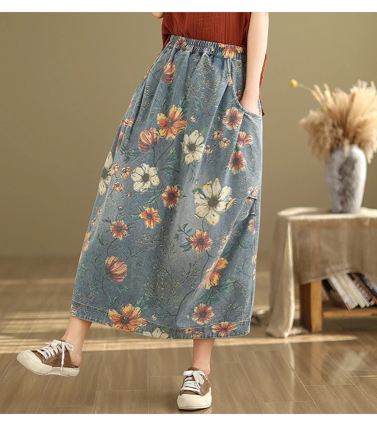 Vintage Flower Print Denim Skirt Women's Summer Fashion Elastic Waist Loose Casual Retro Patchwork Mid-long Dress with Pockets