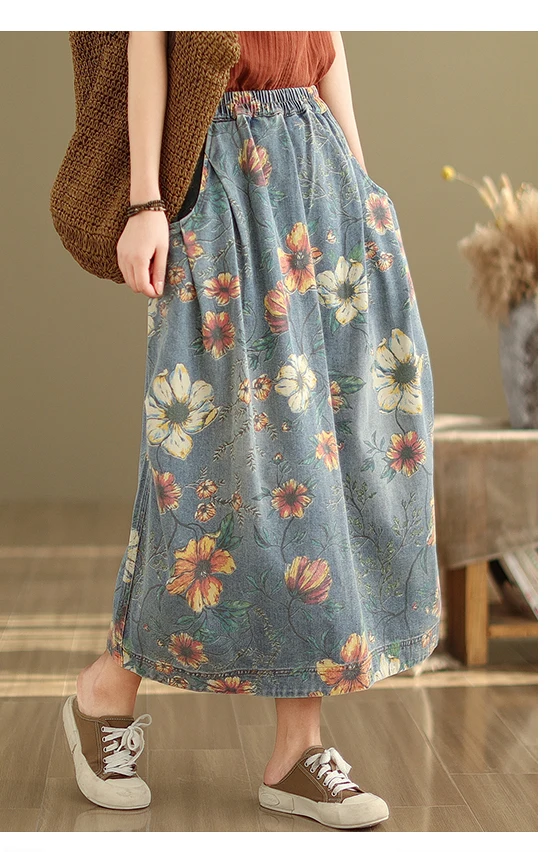 Vintage Flower Print Denim Skirt Women's Summer Fashion Elastic Waist Loose Casual Retro Patchwork Mid-long Dress with Pockets