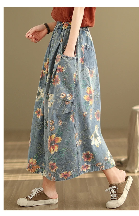 Vintage Flower Print Denim Skirt Women's Summer Fashion Elastic Waist Loose Casual Retro Patchwork Mid-long Dress with Pockets