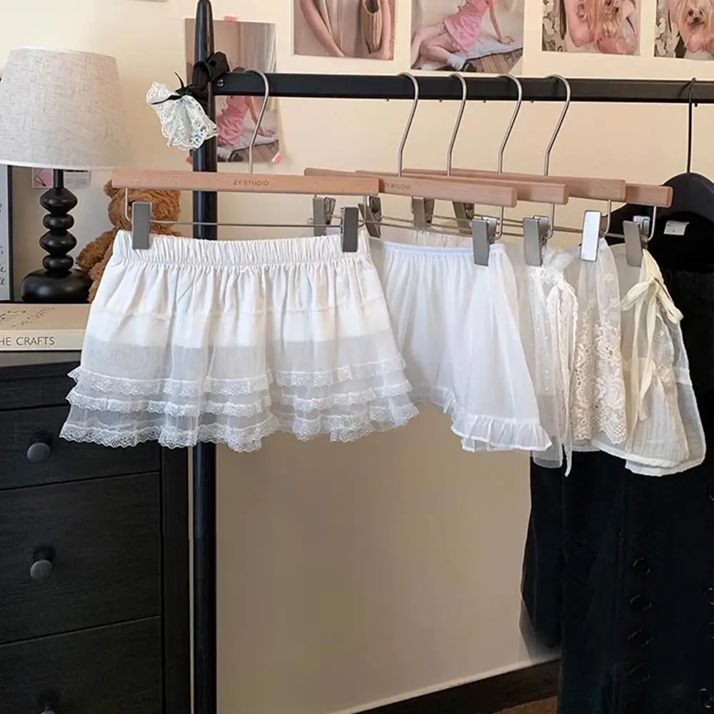 Y2K Mini Skirts Women Harajuku Aesthetic White Tulle Bandage Skirt Japanese Vintage Lolita Lace Trim Miniskirt Matching Pants
