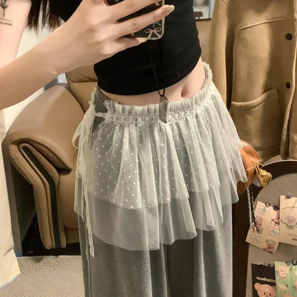 Y2K Mini Skirts Women Harajuku Aesthetic White Tulle Bandage Skirt Japanese Vintage Lolita Lace Trim Miniskirt Matching Pants