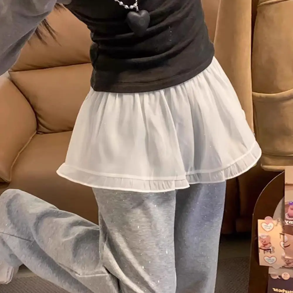 Y2K Mini Skirts Women Harajuku Aesthetic White Tulle Bandage Skirt Japanese Vintage Lolita Lace Trim Miniskirt Matching Pants