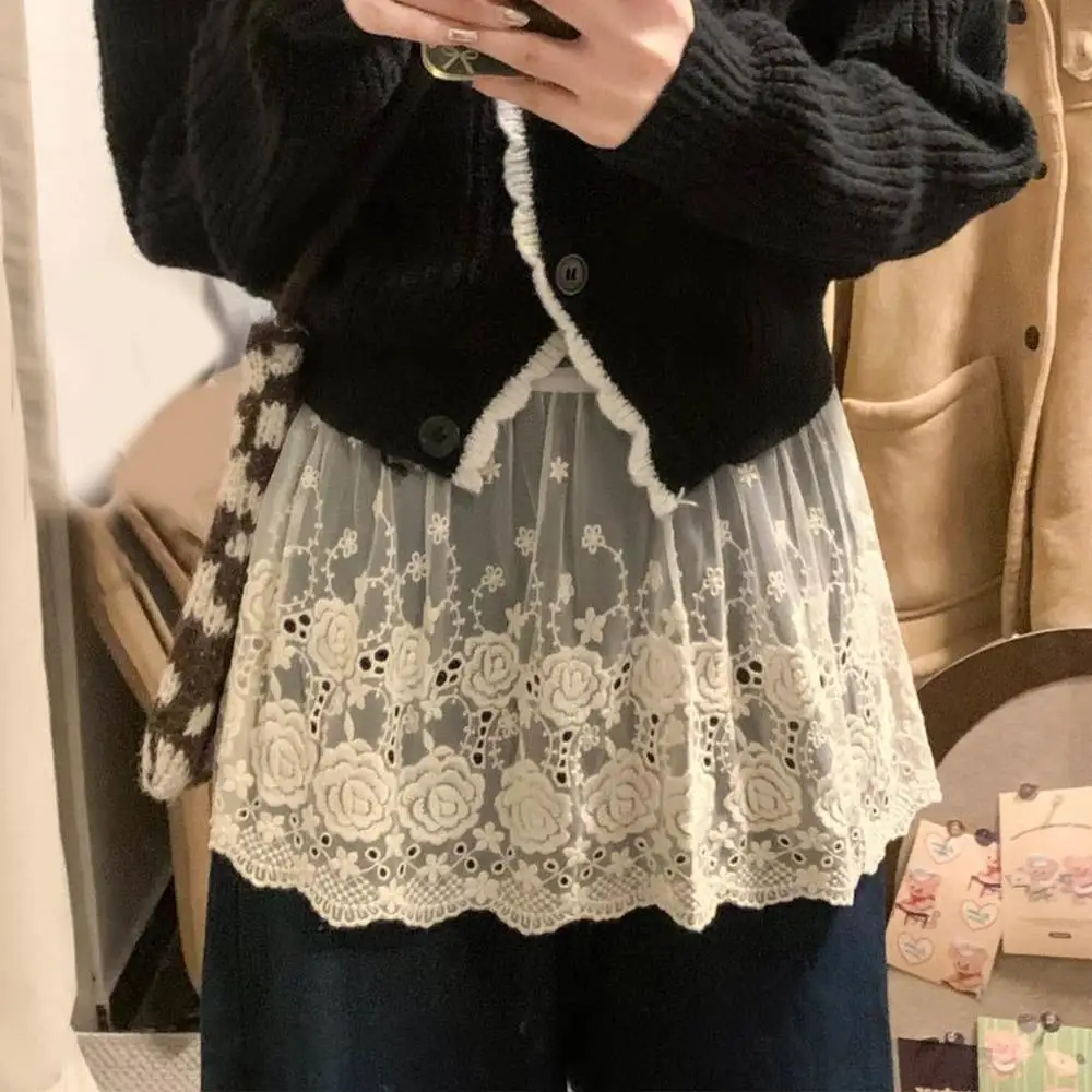 Y2K Mini Skirts Women Harajuku Aesthetic White Tulle Bandage Skirt Japanese Vintage Lolita Lace Trim Miniskirt Matching Pants