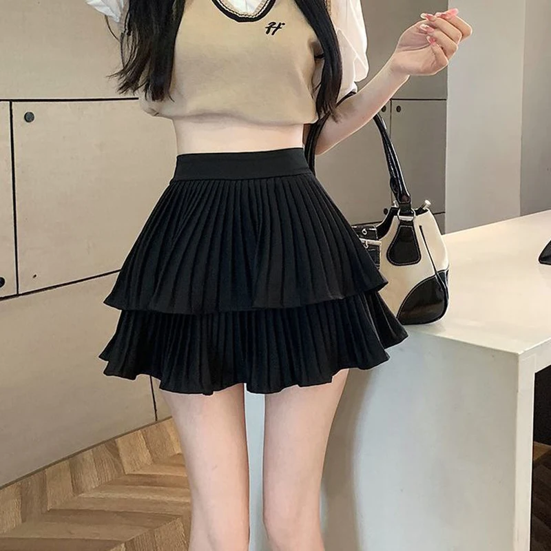 Preppy Style Elastic High waist Fluffy Skirt Double Layered Pleated Ruffled Edge Mini Cake Skirt Cute Hotsweet Y2K Skirt Pants