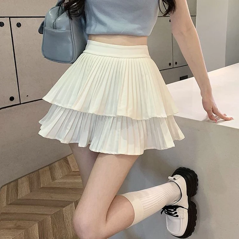 Preppy Style Elastic High waist Fluffy Skirt Double Layered Pleated Ruffled Edge Mini Cake Skirt Cute Hotsweet Y2K Skirt Pants
