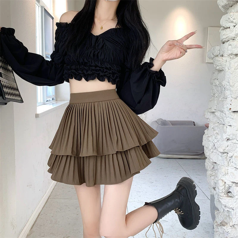 Preppy Style Elastic High waist Fluffy Skirt Double Layered Pleated Ruffled Edge Mini Cake Skirt Cute Hotsweet Y2K Skirt Pants