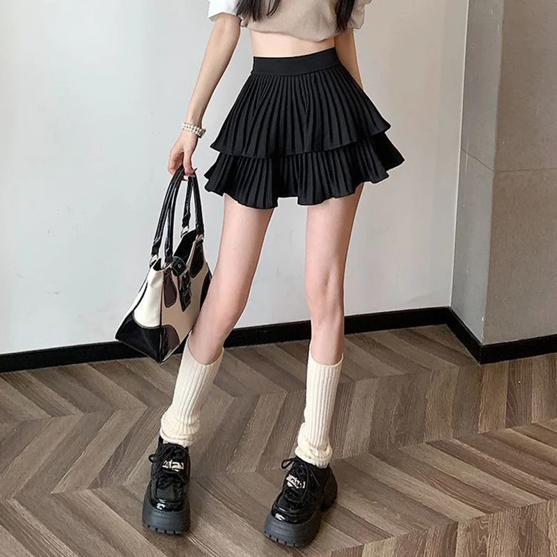 Preppy Style Elastic High waist Fluffy Skirt Double Layered Pleated Ruffled Edge Mini Cake Skirt Cute Hotsweet Y2K Skirt Pants