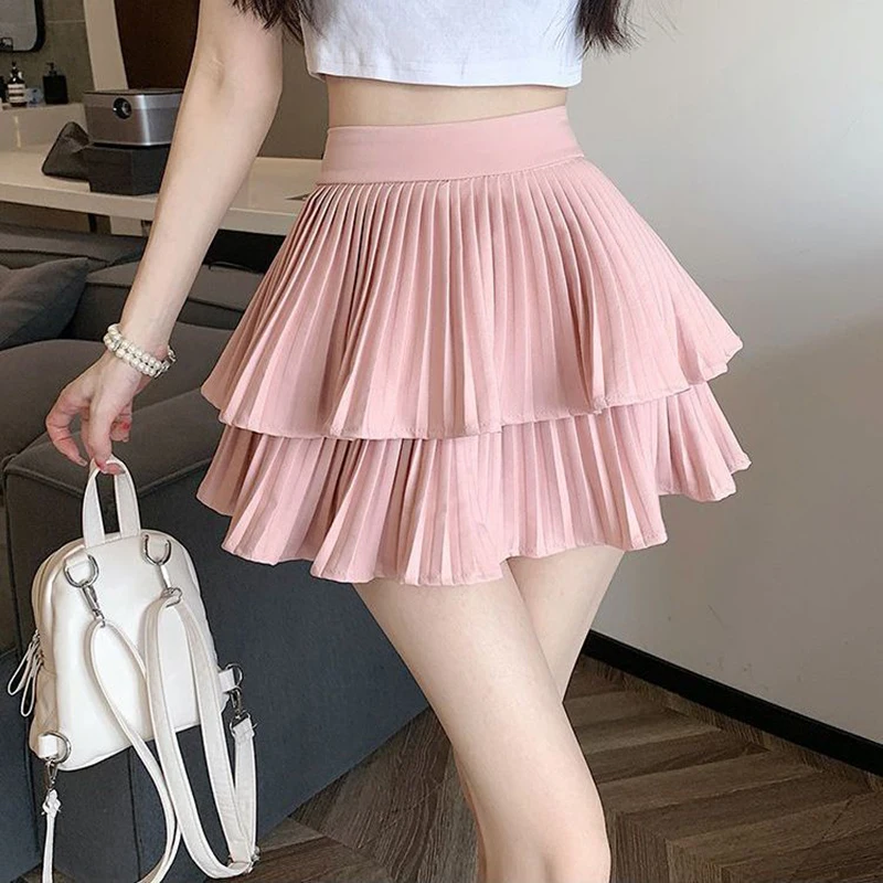Preppy Style Elastic High waist Fluffy Skirt Double Layered Pleated Ruffled Edge Mini Cake Skirt Cute Hotsweet Y2K Skirt Pants