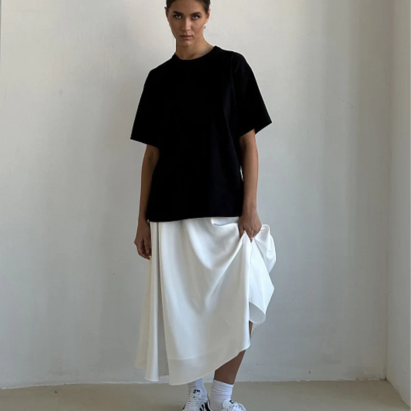 Elegant Satin Loose Women Skirt 2025 High Waist Maxi Skirts Streetwear Classic Long Skirt Fashion Female Black Skirt