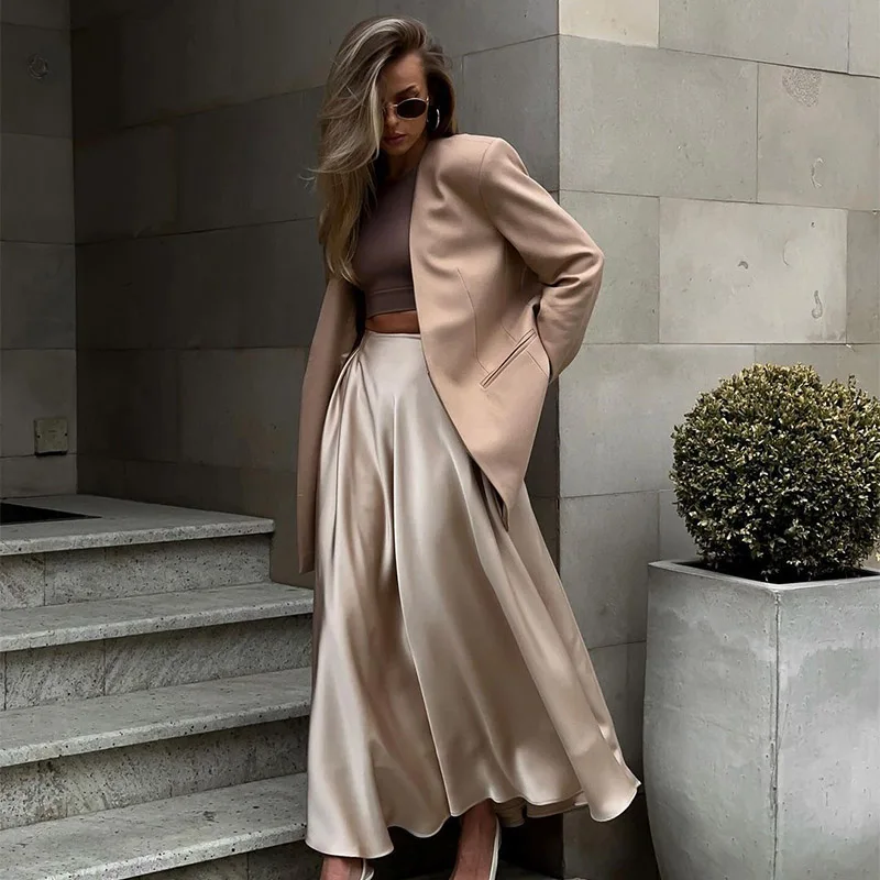 Elegant Satin Loose Women Skirt 2025 High Waist Maxi Skirts Streetwear Classic Long Skirt Fashion Female Black Skirt