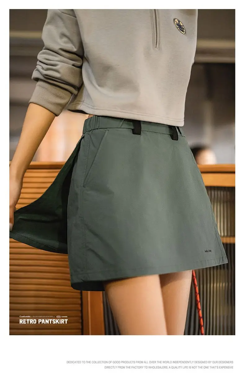 Maden New Outdoor A-Line Skort Shorts Women's Summer Lightweight Hiking Elastic Waist Pant Skirt Casual Versatile Green Bottoms