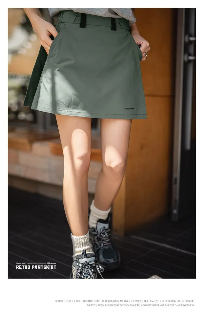 Maden New Outdoor A-Line Skort Shorts Women's Summer Lightweight Hiking Elastic Waist Pant Skirt Casual Versatile Green Bottoms