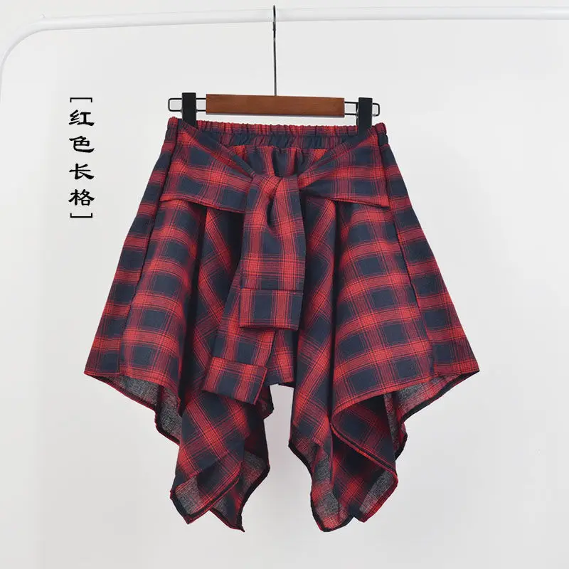 Summer Casual Retro Irregular Women Skirt Bow-knot Elastic Waist Shirt Style Blue White Lattice Mini A-line Shortskirt Female