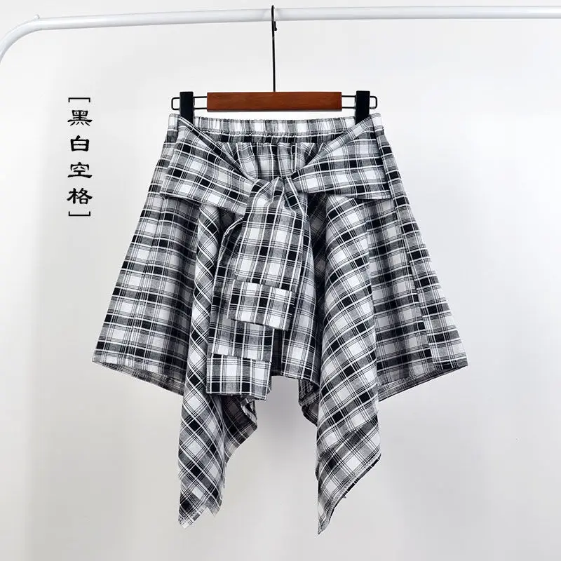 Summer Casual Retro Irregular Women Skirt Bow-knot Elastic Waist Shirt Style Blue White Lattice Mini A-line Shortskirt Female