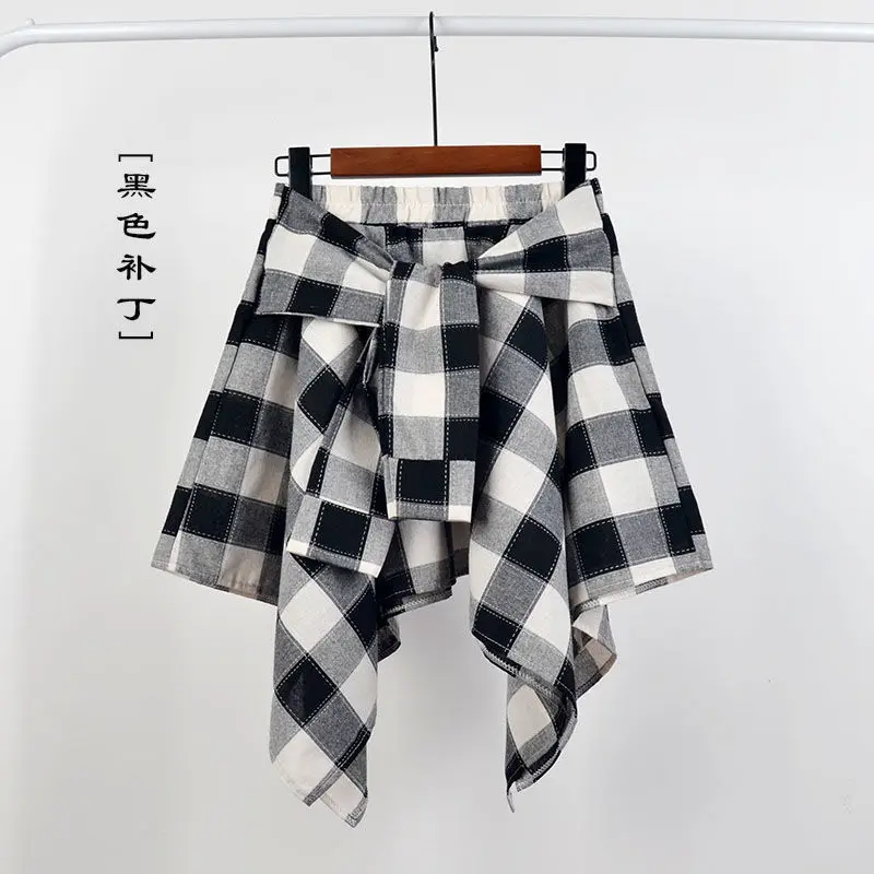 Summer Casual Retro Irregular Women Skirt Bow-knot Elastic Waist Shirt Style Blue White Lattice Mini A-line Shortskirt Female