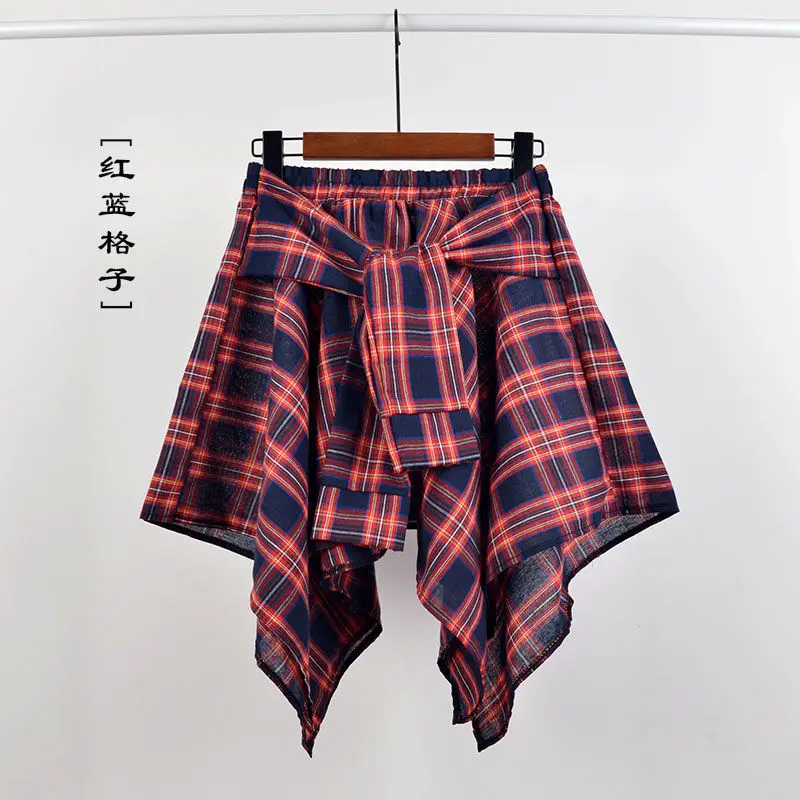 Summer Casual Retro Irregular Women Skirt Bow-knot Elastic Waist Shirt Style Blue White Lattice Mini A-line Shortskirt Female