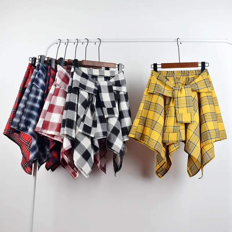 Summer Casual Retro Irregular Women Skirt Bow-knot Elastic Waist Shirt Style Blue White Lattice Mini A-line Shortskirt Female