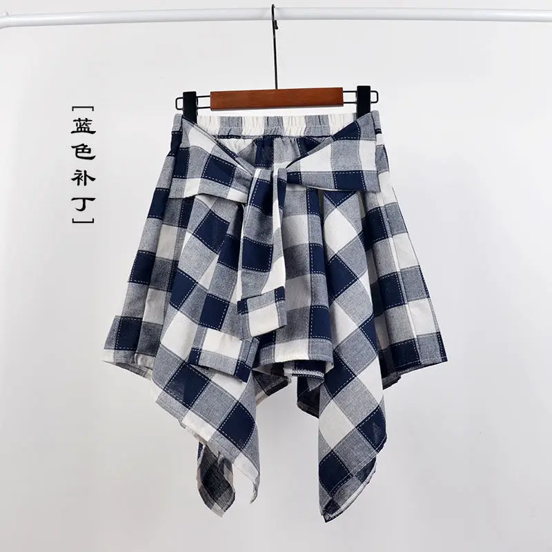 Summer Casual Retro Irregular Women Skirt Bow-knot Elastic Waist Shirt Style Blue White Lattice Mini A-line Shortskirt Female
