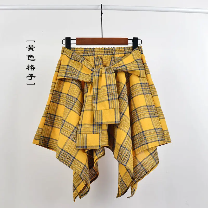 Summer Casual Retro Irregular Women Skirt Bow-knot Elastic Waist Shirt Style Blue White Lattice Mini A-line Shortskirt Female