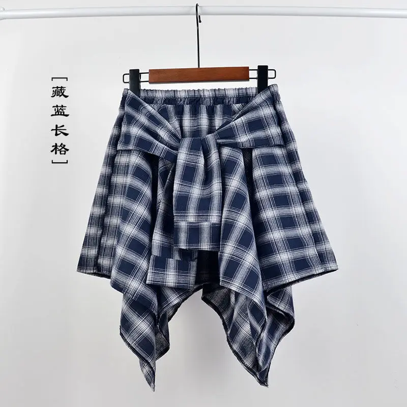 Summer Casual Retro Irregular Women Skirt Bow-knot Elastic Waist Shirt Style Blue White Lattice Mini A-line Shortskirt Female