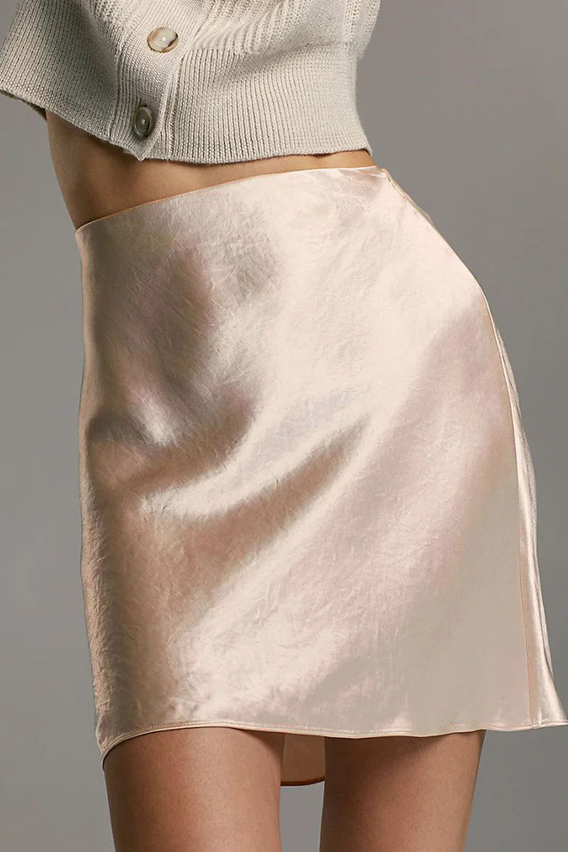 Women Fashion Acetate Short Skirts Elegant High Waist Evening Party Satin Skirts Female 2026 Summer Casual Champagne Mini Skirt
