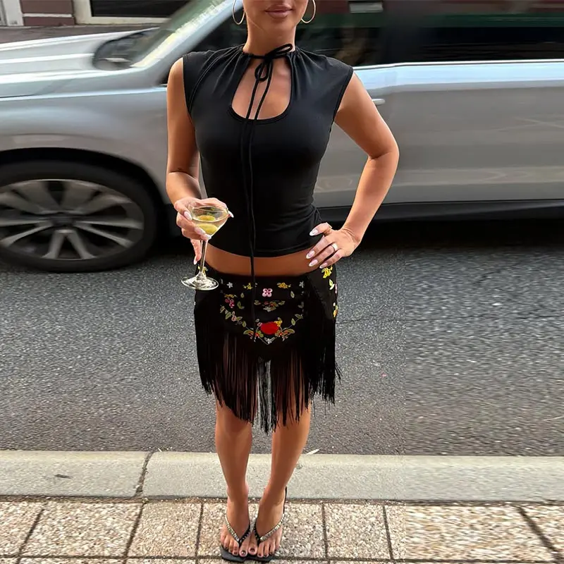Chic Embroidery Fringed Women's Skirts Fashion Flower Irregular Mini Skirt 2026 Summer Chic Female Vacation Holiday Streetwear