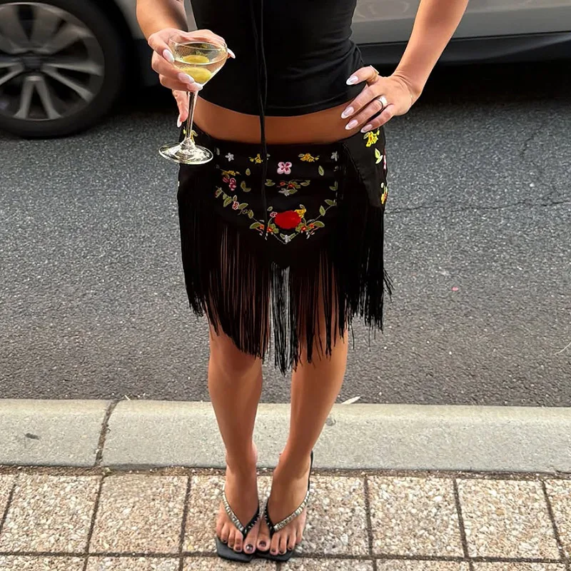 Chic Embroidery Fringed Women's Skirts Fashion Flower Irregular Mini Skirt 2026 Summer Chic Female Vacation Holiday Streetwear