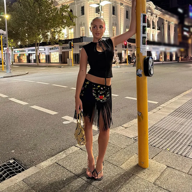 Chic Embroidery Fringed Women's Skirts Fashion Flower Irregular Mini Skirt 2026 Summer Chic Female Vacation Holiday Streetwear